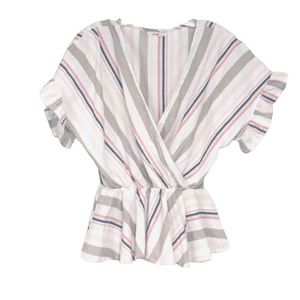Mi Ami | Faux Wrap Peplum Striped Ruffle Sleeve Top Blouse